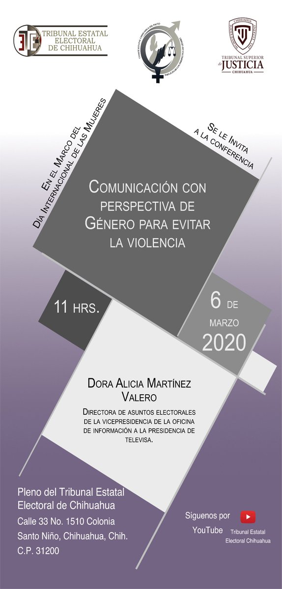 En el marco del Día Internacional de las Mujeres, se hace la más cordial invitación a la Conferencia "Comunicación con perspectiva de género para evitar la violencia", impartida por Dora Alicia Martínez Valero.