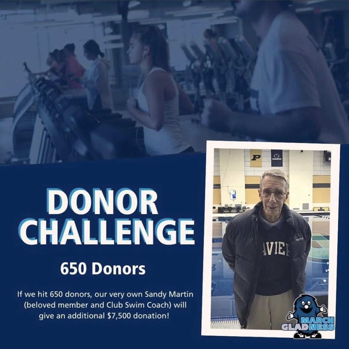 XUClubSwimming's tweet photo. It’s the best time of the year... MARCH GLADNESS! This year our very own coach, Sandy Martin will be donating an additional $7,500 if Recreational Sports reaches 650 donors! Be sure to donate to Club Swim and help us fund our travel costs to Nationals! Thank you! #XUMarchGladness https://t.co/c5bxrYtwCZ