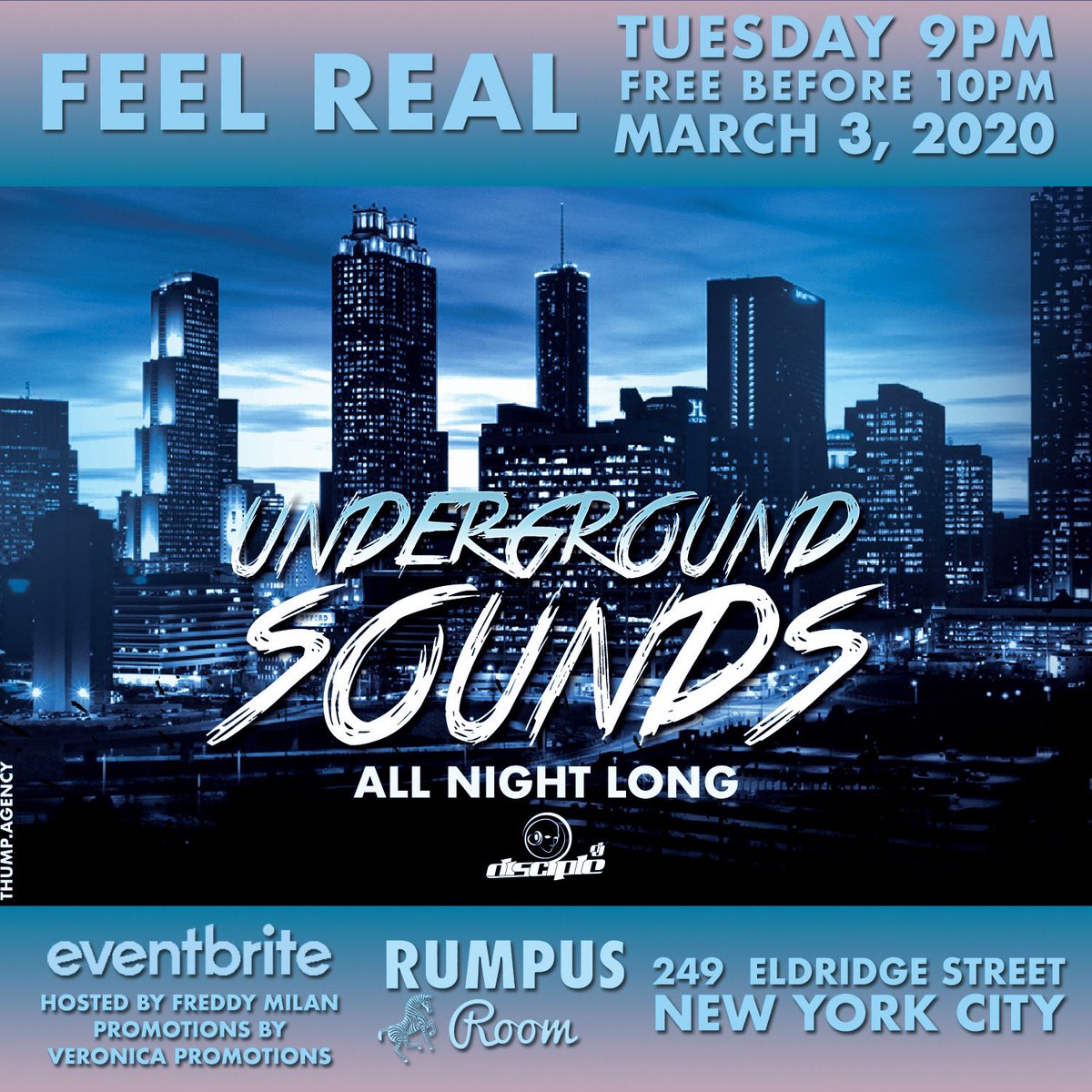Underground sounds tonight at Feel Real! With Host / DJ Disciple! Come dancing at NYC’s best house music party! 9PM doors! 🌃💙🦓