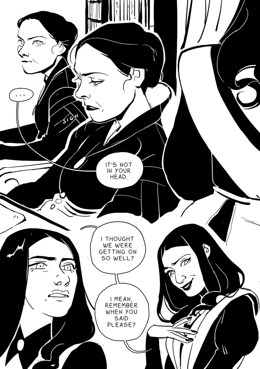 Here's the final page, as you can see some changes were made after i finished recording (notably tissaia's nose &amp; I switched to my own handwritten font)
next to it is the thumbnail i was working off while drawing, i've found that I like my work much better w/o a true undersketch 