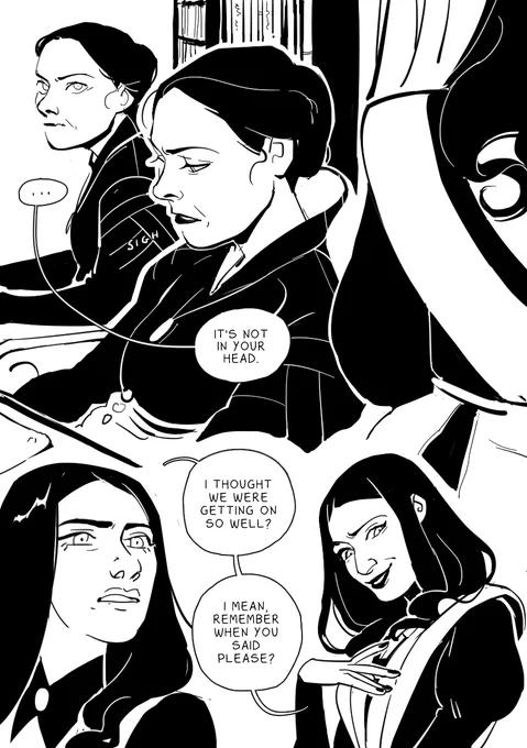 Here's the final page, as you can see some changes were made after i finished recording (notably tissaia's nose &amp; I switched to my own handwritten font)
next to it is the thumbnail i was working off while drawing, i've found that I like my work much better w/o a true undersketch 
