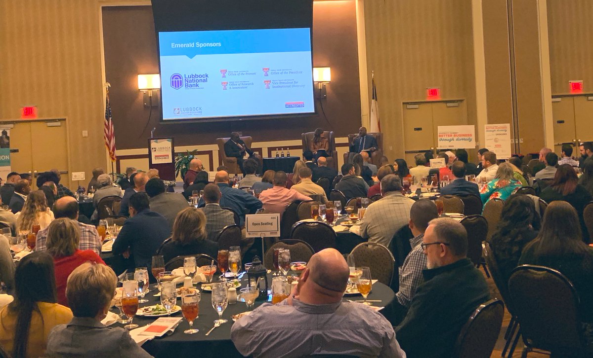 LubbockChamber's tweet photo. We are having a great discussion with Stacey Lemons (@MMASouthwest) and James Harris (@HEB) at the  #DiversitySummit luncheon and are excited to learn more in the afternoon breakout sessions! #BetterBizLBK https://t.co/OJcu3fI44q