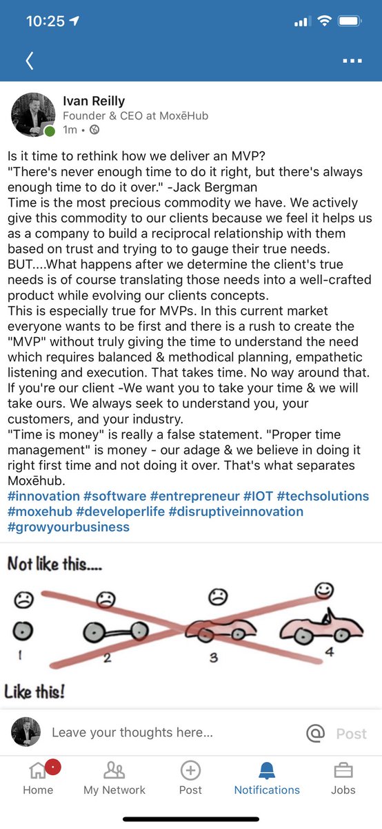 ivanreillytweet's tweet photo. We need to rethink our perception of how to deliver an MVP. Current markets want us to be faster , suboptimal or inverted -“Maximum Viable” . The buzz word needs realignment ! @moxehub #innovation #disruptiveinnovations #SuperTuesday #TechVision2020 #software https://t.co/S1pJNiXgPP