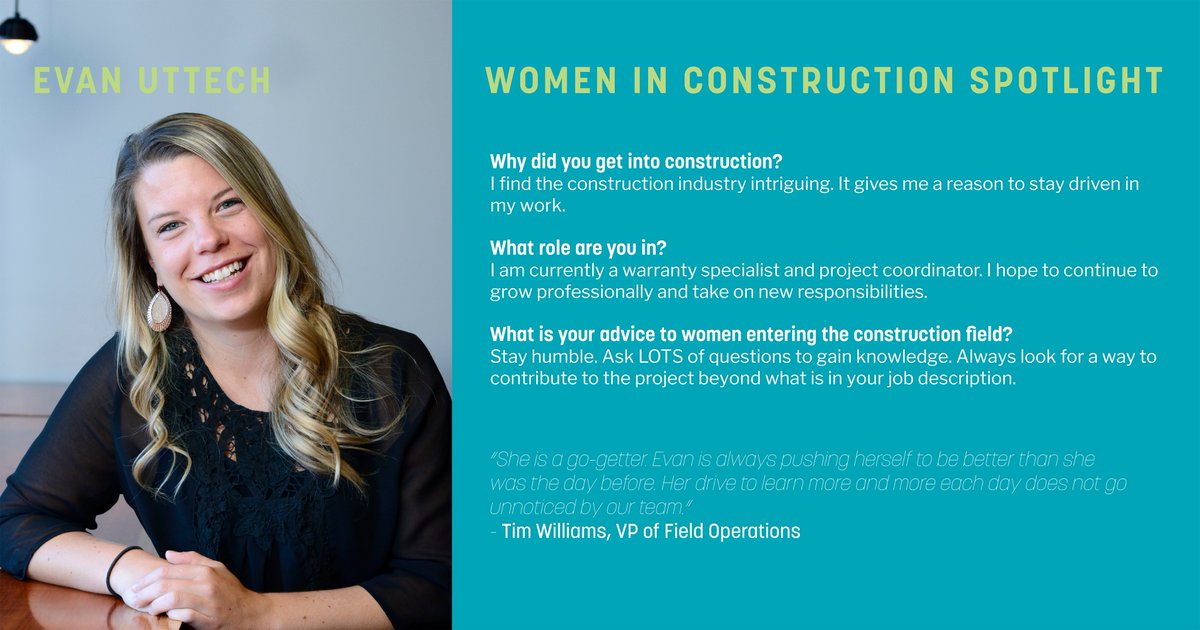 FransenPittman's tweet photo. It is Women in Construction Week!
Get to know our talented Warranty Specialist &amp; Project Coordinator, Evan Uttech! #womeninconstruction https://t.co/OLtupjYhHu