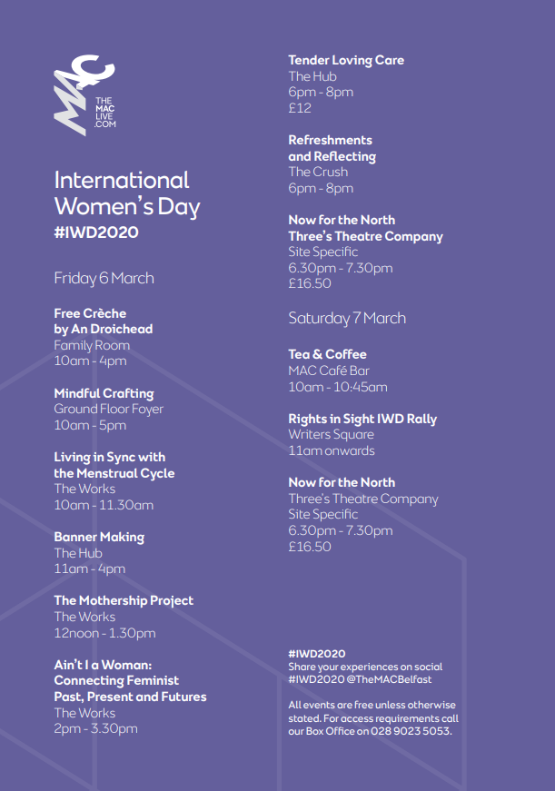 Gender_Network's tweet photo. 💥Friday 6th March incredible line up of events @TheMACBelfast including @dejonglisam , Justine Cooper @ArtMothership , @FioReilly, @YBrunger
#NowforTheNorth: The Unfinished Revolution @ThreesTheatreCo
Childcare also offered (which we love!) #IWD2020
https://t.co/w38XKBxxaF https://t.co/WjUnz15hVm