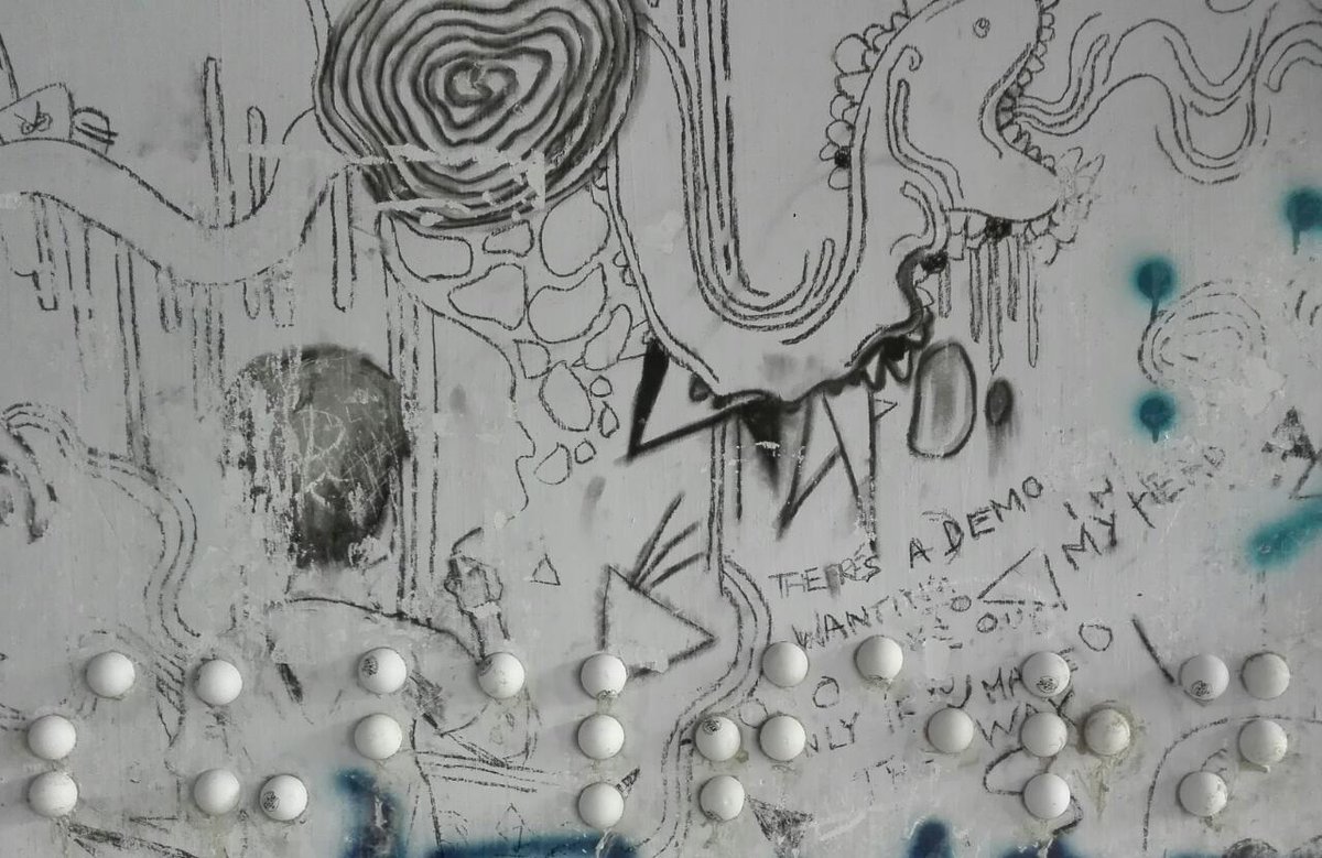 <1/3>This is an installation of a Braille graffiti that we put up in the UG Arts Bldg of Jadavpur University, Kolkata, India. 
This is the first Braille graffiti of this form in India
and reads "subaltern" in Braille.
#crip #braille #graffiti #kolkata #india #jadavpuruniversity