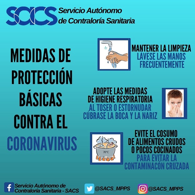 sacs_ve's tweet photo. #03mar // MEDIDAS DE PROTECCION BASICAS CONTRA EL CORONAVIRUS

1. Lávese las manos frecuentemente

2. Adopte medidas de higiene respiratoria.

3. Evite el consumo de productos animales crudos o poco cocinados

#SACSAvanza https://t.co/XaPWuzFxkz