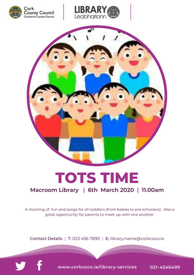 corkcolibrary's tweet photo. Come and join us at Tots Time in #MacroomLibrary Friday, March 6th at 11.00 am.
We look forward to seeing you there!
#TakeACloserLook #WhatLibrariesDoBest https://t.co/1m2cbO5YNI