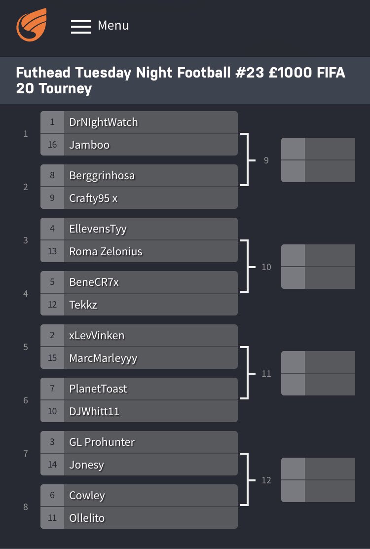 BSmith_Esports's tweet image. .@Futhead TNF Bracket!

@DrNightWatch 🇧🇬
@WHU_Jamboo 🇬🇧 
@Berggrinhosa 🇸🇪 
@CraftyFIFA 🇬🇧 
@TyyFIFA 🏴󠁧󠁢󠁷󠁬󠁳󠁿 
@Zelonius 🇬🇧 
@BeneCR7x 🇩🇪 
@Tekkz 🇬🇧 
@xLevVinken 🇳🇱 
@MarcMarleyyy 🏴󠁧󠁢󠁳󠁣󠁴󠁿 
@PlanetToast1 🇬🇧 
@DJWhitt11 🇬🇧 
@ProhunterFIFA 🇩🇪 
@Jonesy17FIFA 🏴󠁧󠁢󠁷󠁬󠁳󠁿 
@NFG_Cowleyyy 🇬🇧