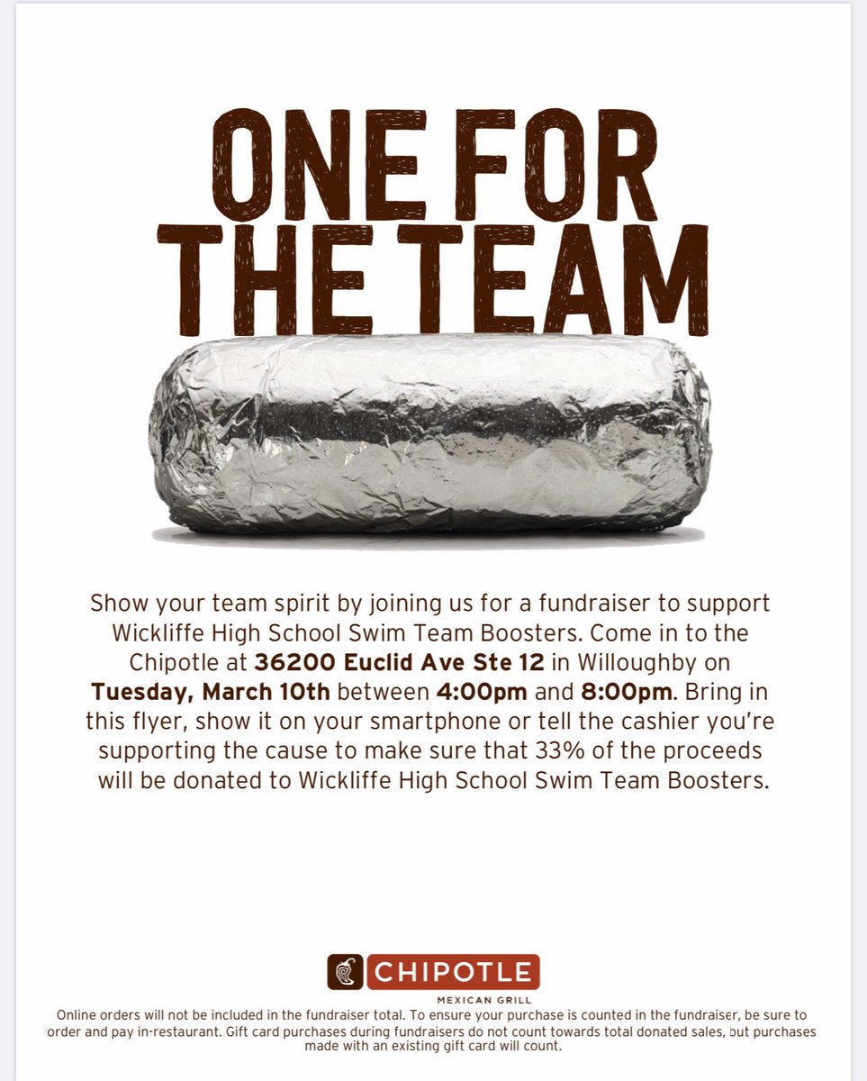 WHS_devilswim's tweet photo. What’s better than Chipotle on a Tuesday?? That’s right, nothing. Come out to support the swim team @ the Willoughby Chipotle on March 10th from 4-8pm! 🌯🤩Don’t forget to mention the team at checkout! Online orders and gift cards don’t count towards the fundraiser https://t.co/sbfQ64zEfz