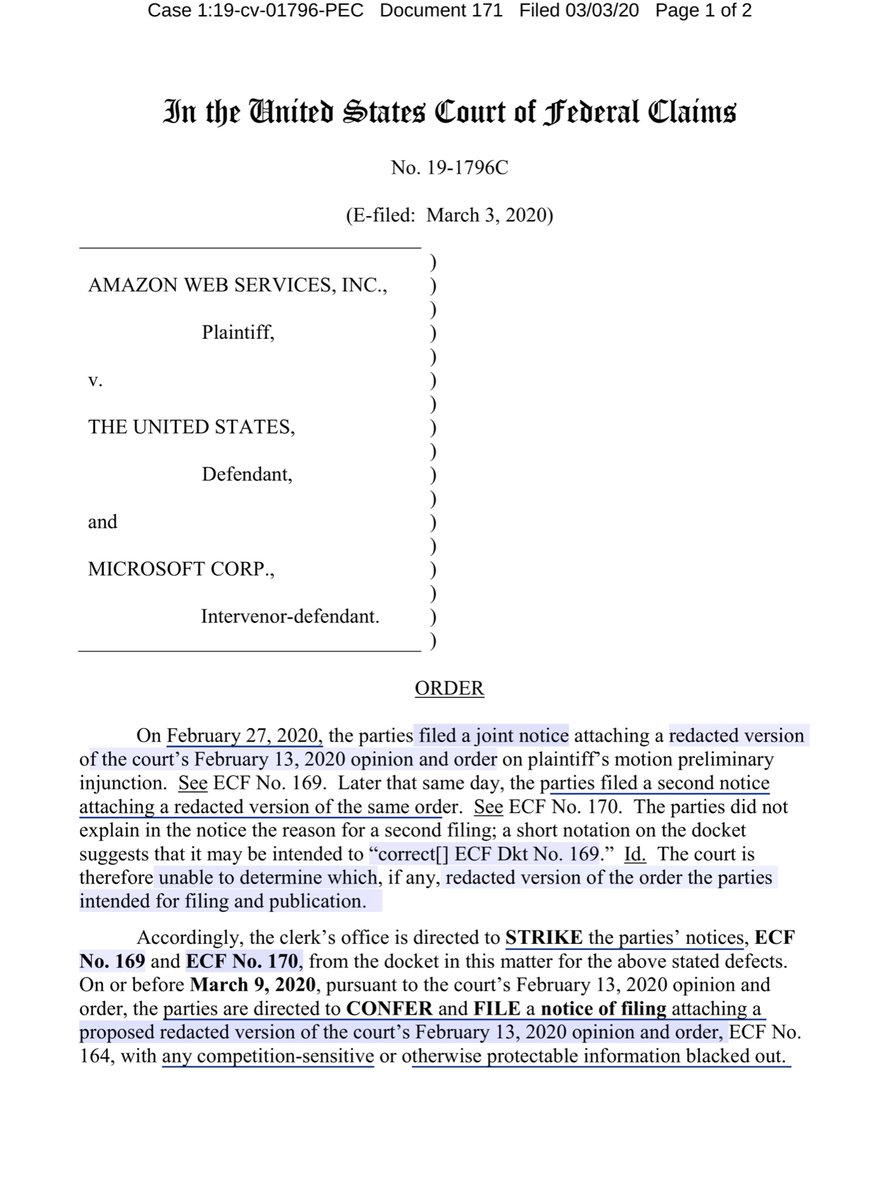 This actually gives more context because I can see why the Court ordered the parties to clarify.Moreover this is a prudent & pragmatic move by the Court, as this would foreclose any future argument re redactions pursuant to the 2/13 Court’s Order https://ecf.cofc.uscourts.gov/doc1/01503638348?caseid=40037