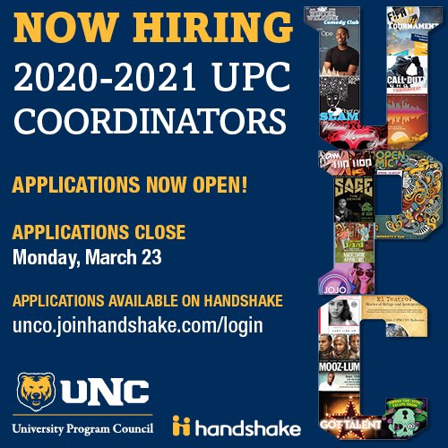 UNCOUPC's tweet image. Looking to chase a bag and plan events for your UNC campus and community? Apply for a UPC coordinator position on Handshake today! Applications close March 23, 2020 click the link in our bio for a shortcut to the application.