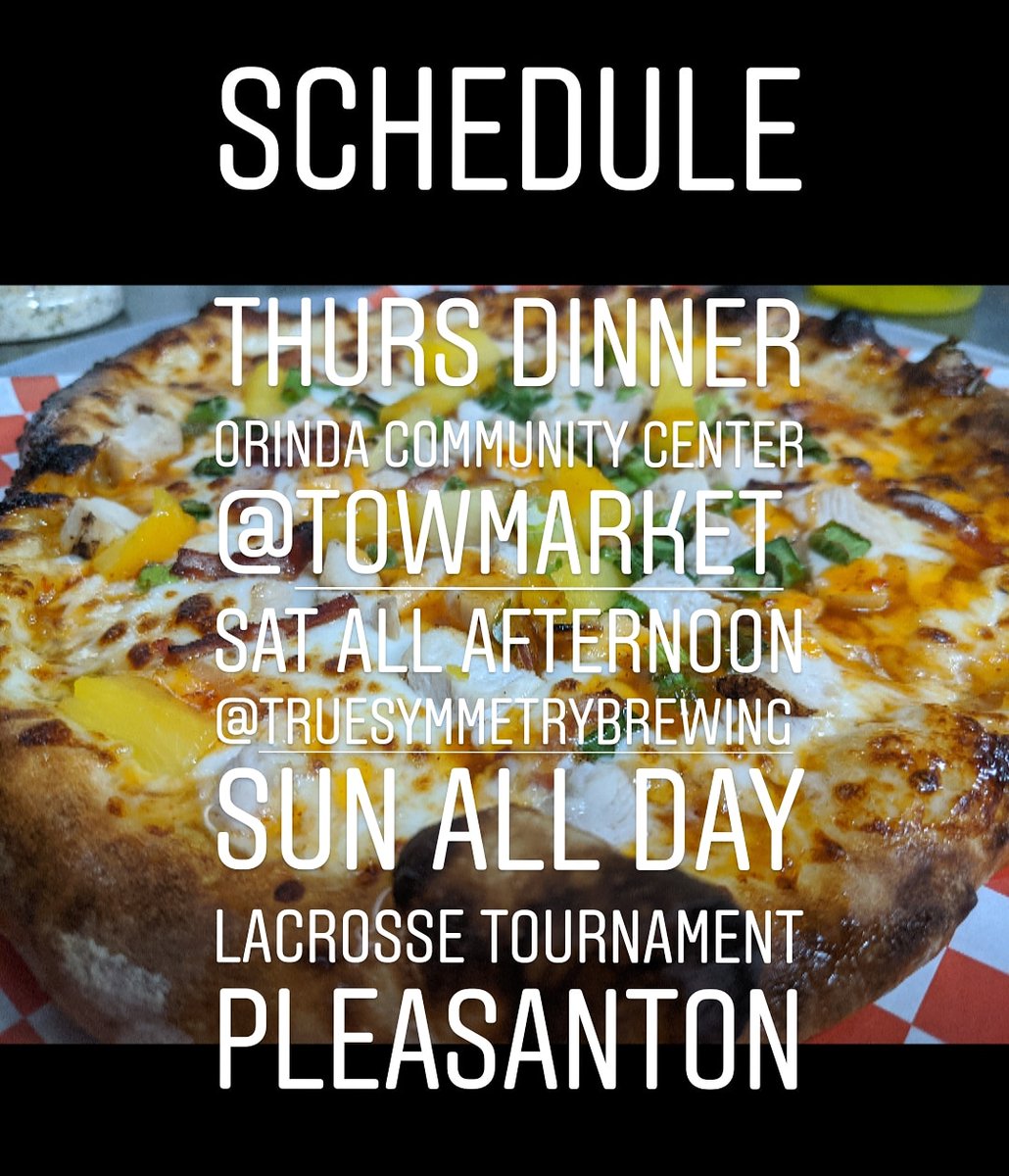 Looking forward to the weekend already! Come on by and get a pizza pie. 
Thursday Dinner Orinda Community Center <a href="/TowMarket/">Taste of the World</a> 
Saturday 3-8:30 <a href="/truesymmetrybrw/">True Symmetry Brewing Co</a>
Sunday All Day Lacrosse Tournament Patelco Fields Pleasanton
#pizza #beerandpizza #foodtruck #woodfired