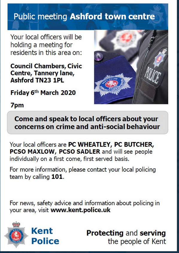 KentPoliceAsh's tweet photo. Calling all Ashford Town Centre residents and business owners. THIS FRIDAY come and meet your Town Centre officers. @AshfordCouncil #3DaysToGo #CommunityEngagament https://t.co/ZZx5GlP7o4