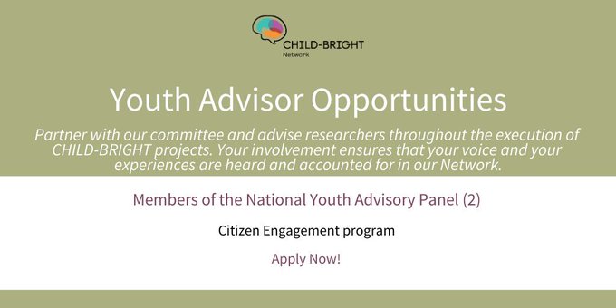 ChildBrightNet's tweet photo. We're looking for new National Youth Advisory Panel members, preferably located in #NovaScotia, #NewBrunswick, #PEI or #Newfoundland! Youth with lived experience of brain-based #developmentaldisability &amp; interest in patient-oriented #research, apply here: https://t.co/PoeSwyghAF https://t.co/020VO99yMa