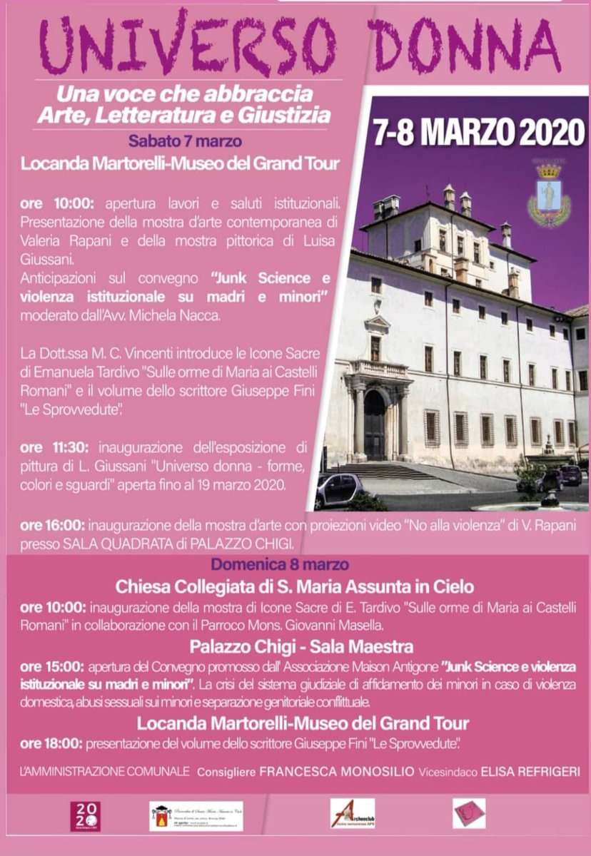 SABATO 7 E DOMENICA 8 MARZO, ARICCIA OSPITERÀ LA SERIE DI EVENTI DAL TITOLO "UNIVERSO #DONNA. UNA VOCE CHE ABBRACCIA #ARTE, #LETTERATURA E #GIUSTIZIA".
VI ASPETTIAMO!