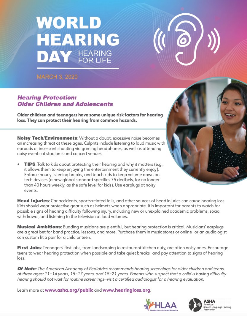 ASHAWeb's tweet photo. #WorldHearingDay Did You Know? Older children and teenagers have some unique risk factors for hearing loss. They can protect their hearing from common hazards! https://t.co/WBrSyzt0HD #slpeeps #audpeeps https://t.co/HcGGQpcRzl