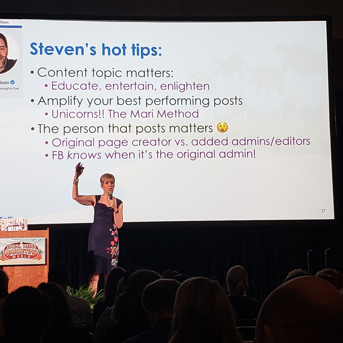 Still scraping my jaw off the floor.  <a href="/MariSmith/">Mari Smith</a> shares that the PERSON who POSTS the content on Facebook matters. Posts by the original admin will have the best reach. #SMMW20 #socialmediamarketing