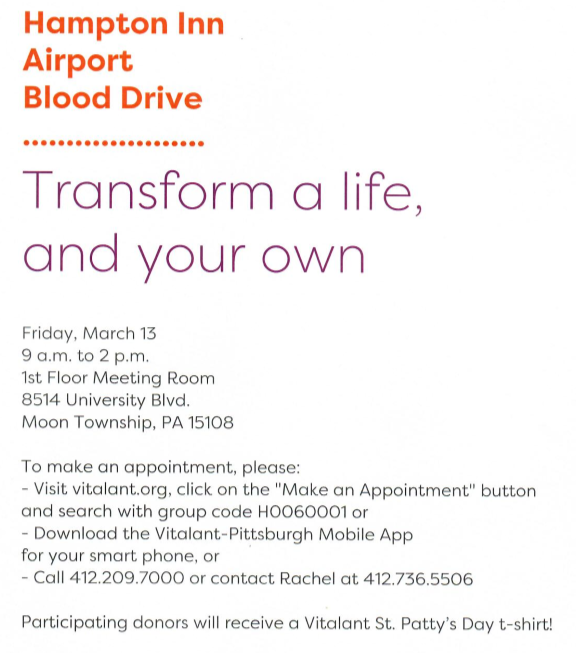 Hampton_PITAP's tweet photo. Come down to @Hampton_PITAP and #givebloodgivelife on Friday, March 13th!! Make an appointment below if you can but if not, anyone can come! Thanks @VitalantPA ! Transform a life, and your own❤️ https://t.co/mXB4CFizBa