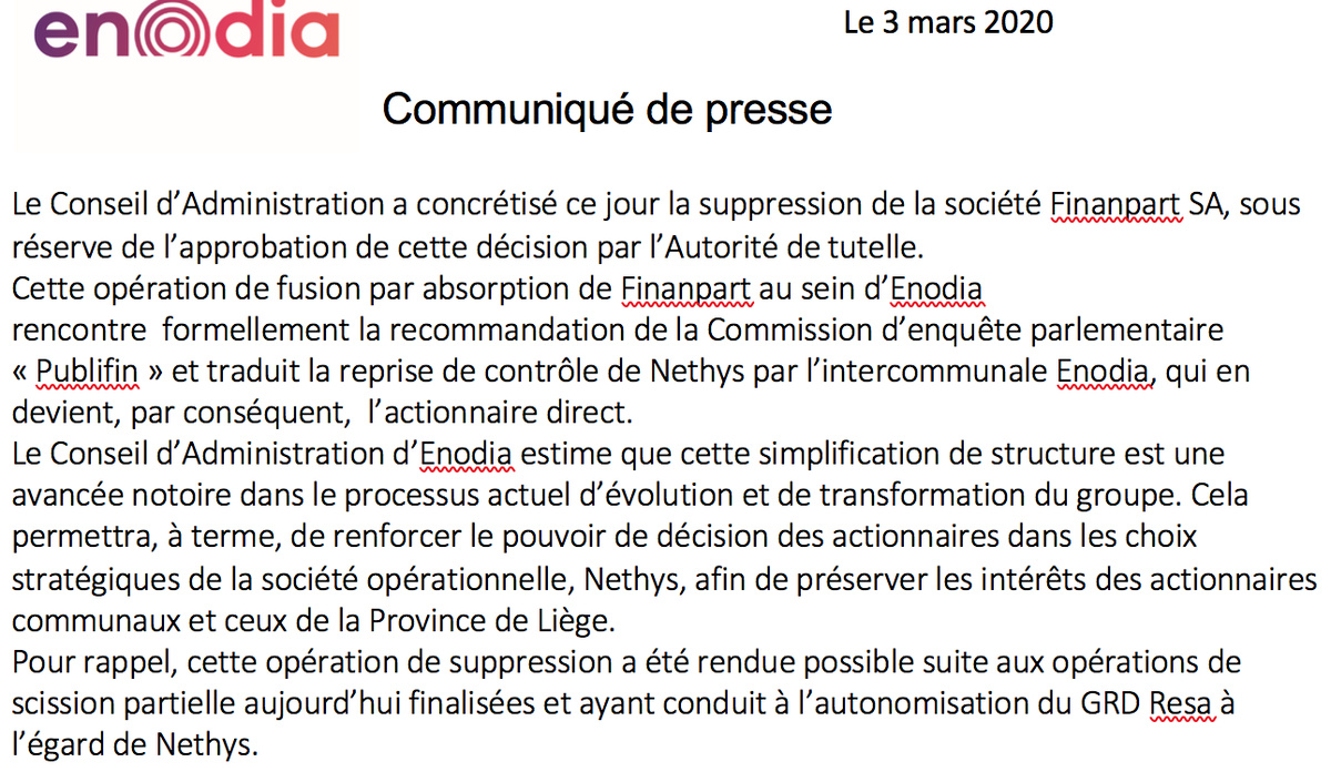 enodia_scirl's tweet photo. Le C A d'#ENODIA SCIRL a supprimé la société Finanpart SA. Simplification de structure et avancée dans le processus de transformation Groupe # Nethys. Préservation des intérêts des actionnaires et renforcement du pouvoir de décision. Recommandation  commission d'Enquête du #PW https://t.co/SMDGKyIFlL