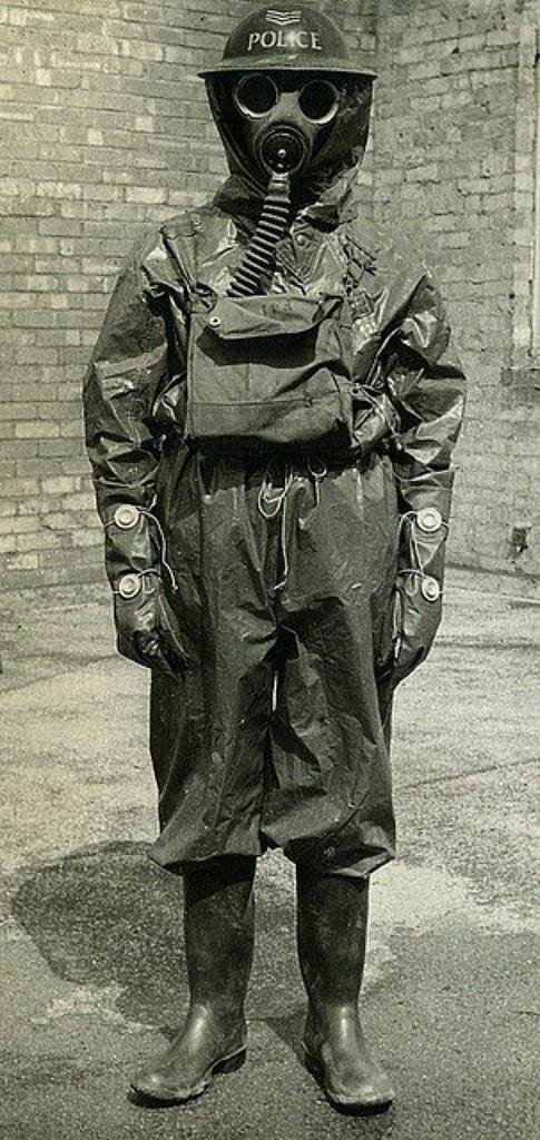 By the outbreak of World War Two the fear of gas attack from German bombers led to widespread deployment of gas masks and hazmat suits on the home front. Britain lived in morbid fear of destruction from chemical warfare.
