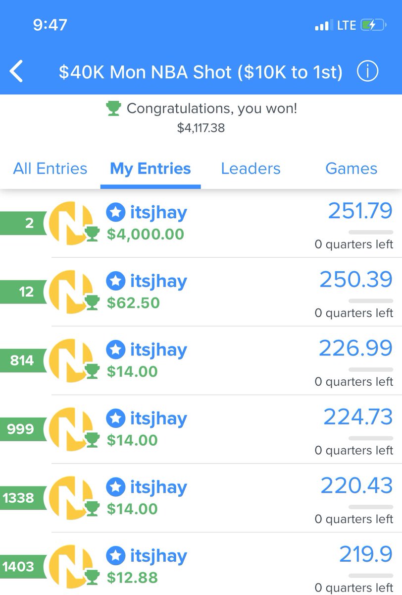 ItsJHay10's tweet photo. @JeffKCollins @JustinFreeman18 thanks for teaching the strategic side of DFS regardless of sport. Being different is key. #numberball https://t.co/1V08qEj9z0