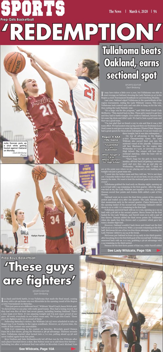 ZachBirdsong's tweet photo. I tried something different for the front page of sports for Wednesday’s issue of @TullahomaNews. It’s definitely not a bad time to be a hoops fan in Tullahoma. https://t.co/tSjZhUw7T5