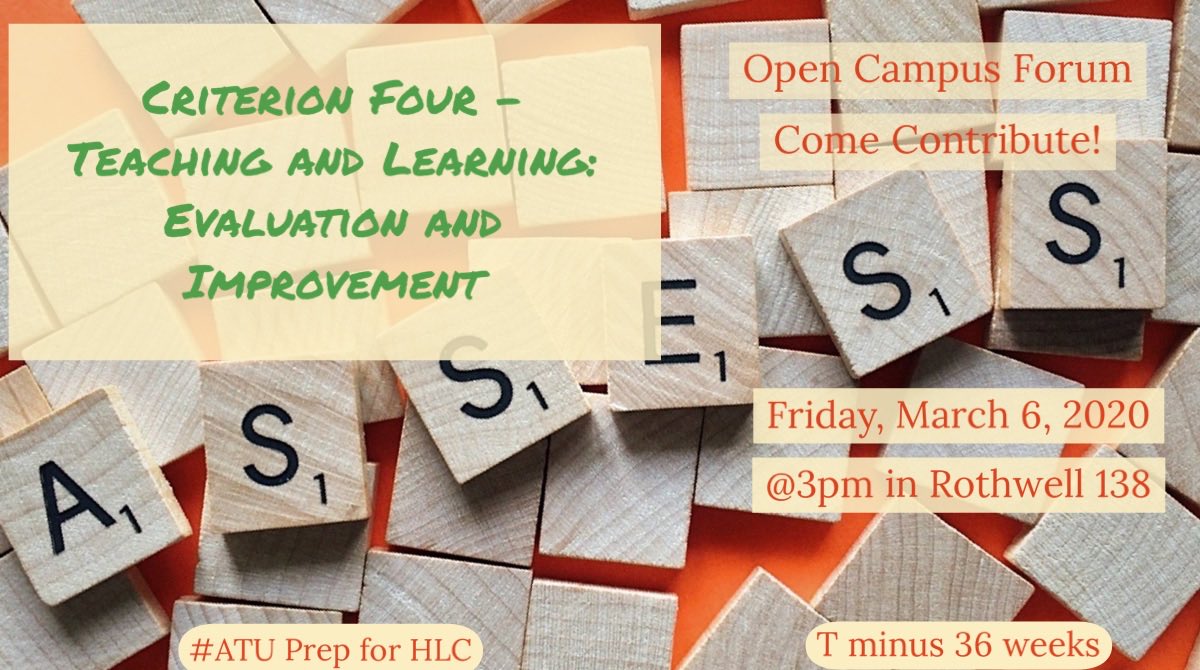 ATULearns's tweet image. At 36 weeks out from our #HLC2020 visit, we are over halfway through our practice Open Forums @ArkansasTech! This week we examine Criterion Four - Evaluation and Improvement. Come contribute how your department makes improvements! #Assessment Forever!

#TechPrepared
#TechPride