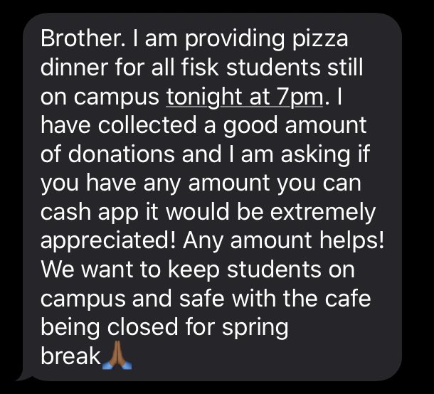 NubianKingBenji's tweet photo. My LB is going to feed the students still here for spring break tonight, our cafe doesn’t serve food over spring break. Any donation counts. Proud of you LB! #Fisk_RYS20 #fisk23 #fisk22 #fisk21 #fisk20 #tsu23 #tsu22 #tsu21 #tsu20 #mtsu23 #mtsu22 #mtsu21 https://t.co/DlrETcqvru