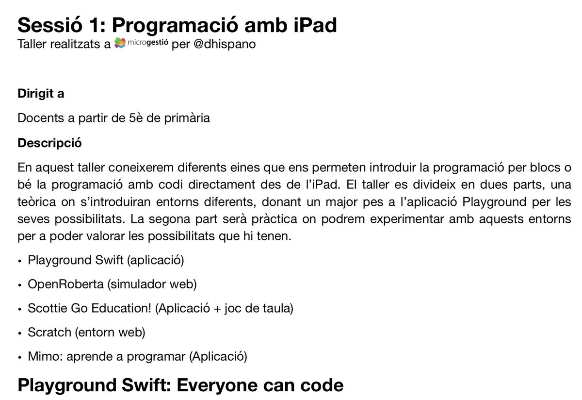 dhispano's tweet image. Dimarts 10 comencem els tallers de programació i robòtica a @MicrogestioEDU. Introduirem algunes eines que ens ajuden a introduir la programació a l’aula. En concret veurem: Playground Swift, Scratch, OpenRoberta, Scottie Go i mirarem Mimo. Inscripcions ja.cat/6Jzo7