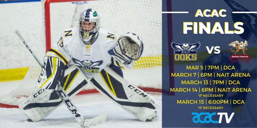 OOKSWHKY's tweet image. Schedules Set and teams are prepping for what should be a great Championship Series!
@naitooks @NuggetOnline @NR92 @NAIT @NAITCampusRec @NAITSA #championship #edmonton #alberta #hockeyalberta #acacsport @ACAC_Sport #hockey