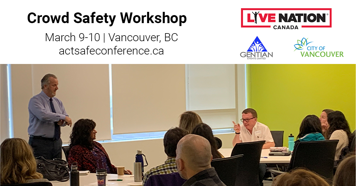 actsafe's tweet photo. Our first Crowd Safety Workshop is well underway this morning with a full house! @ericsstuart's workshop is a must for anyone who works in security, public safety, production and event planning, and audience services. Register for March 9-10: https://t.co/fmVTVMKBEF.
#AESC2020 https://t.co/9cWFdiljCr