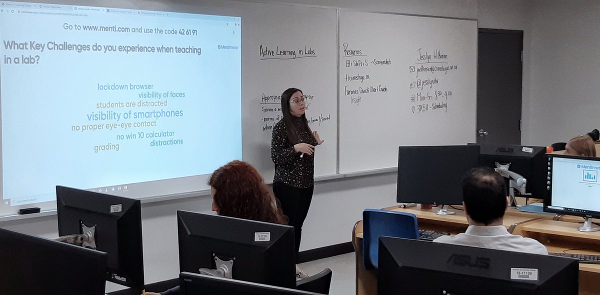 TLConestoga's tweet image. .@jesslyndw provides faculty with an orientation on presenting, coaching and interacting with learners in computer labs. Participants learn to use the free version of Faronics Insight to present onto learners&apos; screens and present student work on a projector. #TechforTeaching