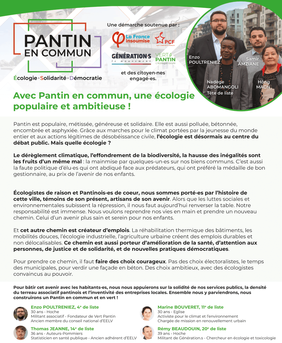 ElusLFIPantin's tweet photo. A partir de demain, nos militant-es distribueront ce beau tract engagé avec nos soutiens écologistes ! 

Cinq soutiens écologistes de poids à la liste Pantin en commun conduite par Nadège Abomangoli ! 

A lire en ligne : https://t.co/D4UOfbGeoP

#Pantin #Municipales2020 https://t.co/JysY3r3a2o