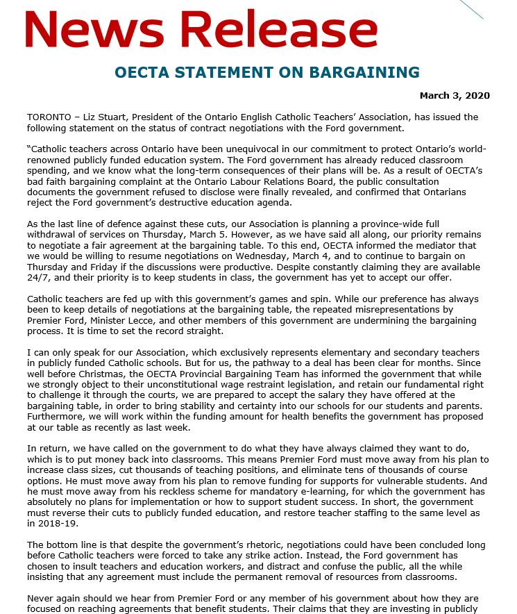 Travisdhanraj's tweet photo. #NEW: @OECTAProv has just put out this release slamming the gov't minutes before @Sflecce holds news conference at Queen's Park...the union says "Catholic teachers are fed up with this government’s games and spin" #ONpoli #ONted https://t.co/xXxrwfesGV
