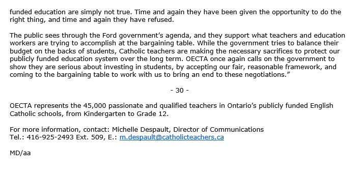 Travisdhanraj's tweet photo. #NEW: @OECTAProv has just put out this release slamming the gov't minutes before @Sflecce holds news conference at Queen's Park...the union says "Catholic teachers are fed up with this government’s games and spin" #ONpoli #ONted https://t.co/xXxrwfesGV