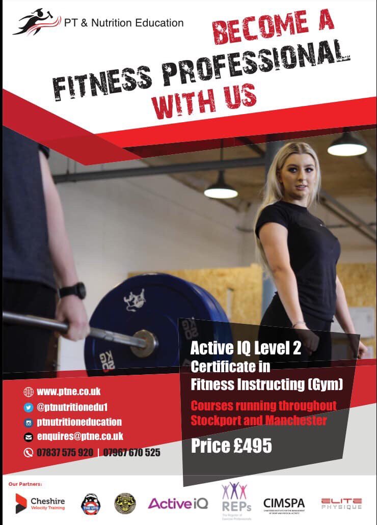 ptnutritionedu1's tweet photo. 💥💥ActiveIQ Level 2 Certificate in Fitness Instructing (Gym) 

Cheadle College 
Monday 6th - Thursday 9th April 2020 

Normally £795

Enrol in a March and pay just £495!!!

£300 saving!!!!! 💥💥 https://t.co/rC2Zl2oFYn