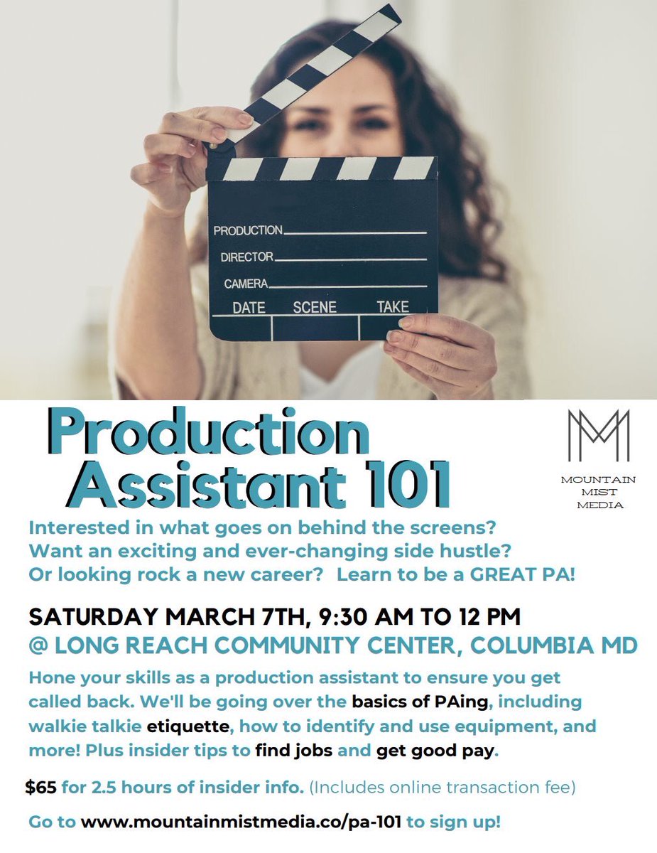 MarylandIFF's tweet photo. Maryland film fanatics! 

Want to get a sneak peek of the PA industry? Check out Mountain Mist Media's PA 101 course: https://t.co/DyvEdxnMDp https://t.co/gByEbxYu7F