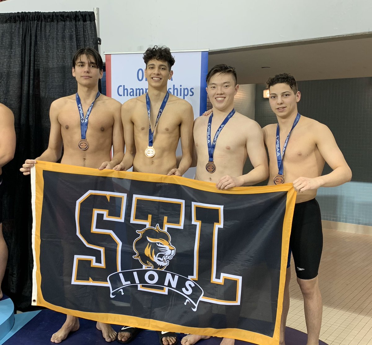 Congrats to the STL Boys A relay for placing 3rd at OFSAA in the 200 meter medley relay! Great job to the swimmers: Andrei, Kent, Ritchie, and Michael! 🦁🏊