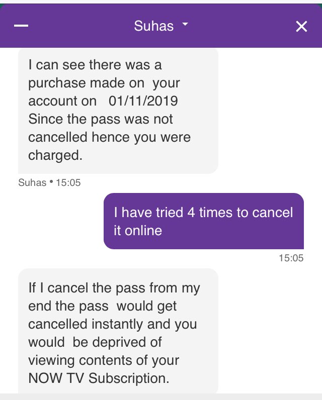 BFCStretch's tweet photo. .Anyone thinking of ordering @NOWTV might find it helpful to know that cancelling it can take longer than Brexit. No telephone number only online exhaustive chats to Suhas ⬇️😩👎🏻#nownomore https://t.co/dqN9eU44Er
