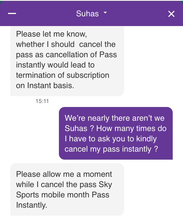 BFCStretch's tweet photo. .Anyone thinking of ordering @NOWTV might find it helpful to know that cancelling it can take longer than Brexit. No telephone number only online exhaustive chats to Suhas ⬇️😩👎🏻#nownomore https://t.co/dqN9eU44Er