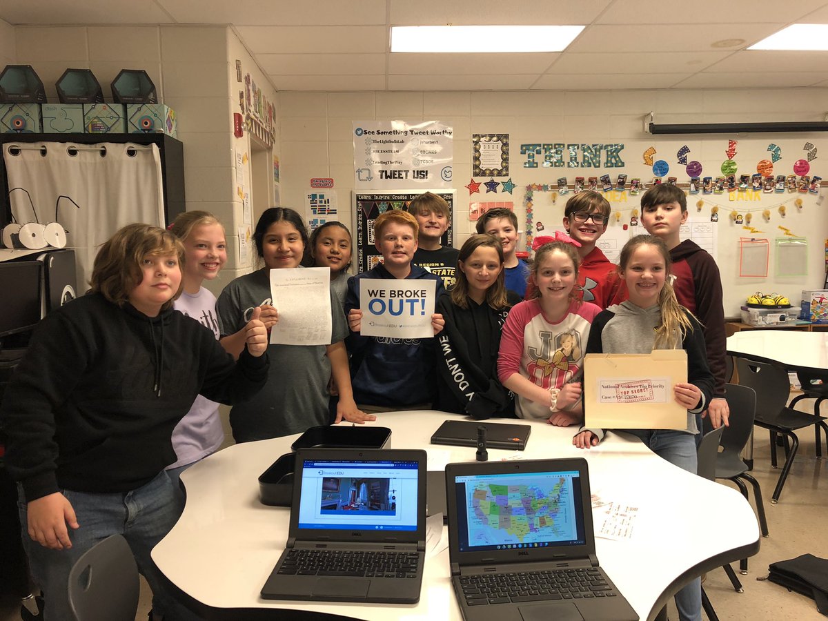 BrandiBmcdaniel's tweet photo. Fifth graders @BBCMES broke out and solved The White House Heist! So much fun! @TCBOE #breakoutedu @breakoutEDU @jsharbin1 #BBCESSTEAM #LeadingTheWay #TheLightbulbLab https://t.co/np5Iikbebr