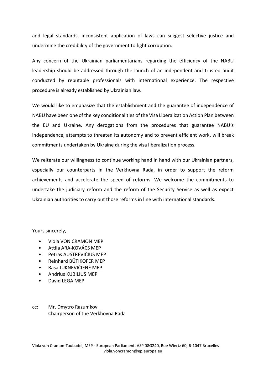 ViolavonCramon's tweet photo. 🇪🇺💚🇺🇦
📧letter from MEPs 2 @ZelenskyyUa
In the face of the recent #Ukraine reshuffles it is crucial 2 stay alert & push 4 uncompromised anti-corruption reforms. This is the only way to curb the unchecked influence of oligarchs & not waste the trust of Ukrainians.@AndriusKubilius https://t.co/naR6Yu9QzS