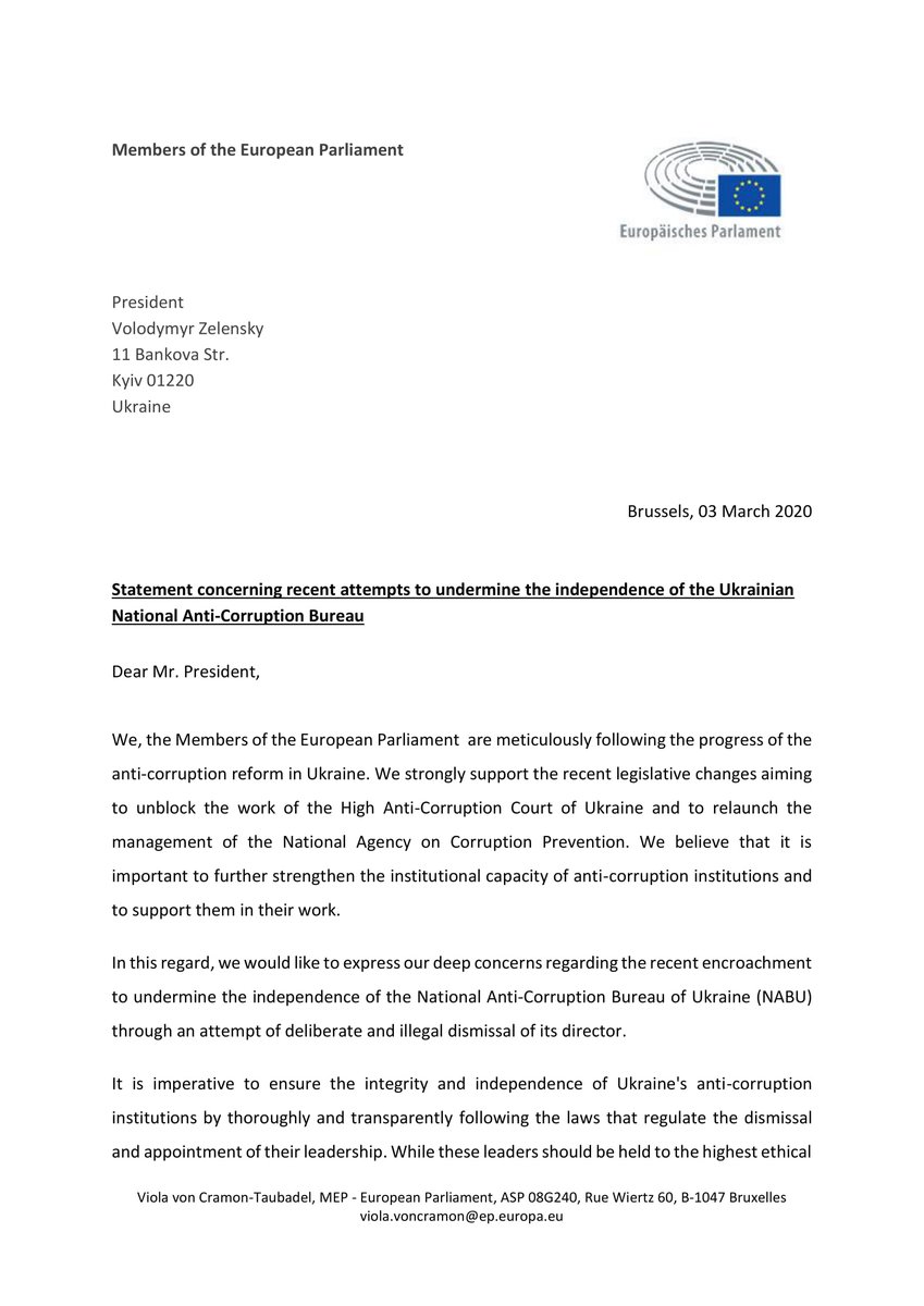 ViolavonCramon's tweet photo. 🇪🇺💚🇺🇦
📧letter from MEPs 2 @ZelenskyyUa
In the face of the recent #Ukraine reshuffles it is crucial 2 stay alert & push 4 uncompromised anti-corruption reforms. This is the only way to curb the unchecked influence of oligarchs & not waste the trust of Ukrainians.@AndriusKubilius https://t.co/naR6Yu9QzS