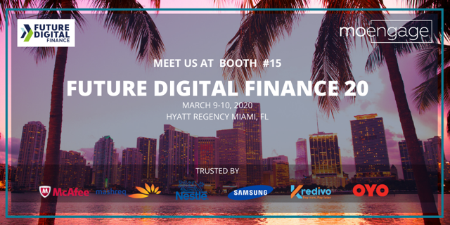moengage's tweet photo. We will be at Future Digital Finance 2020 on 9-10 March 2020 at Hyatt Regency Miami, FL. Come meet us at Booth #15 and discover ways to improve your mobile banking adoption, LTV, customer loyalty and more! @maedge @vassko
#fdf20 #digitalfinance #mobilebanking #LTV #fintech https://t.co/G6ziBrDhOy
