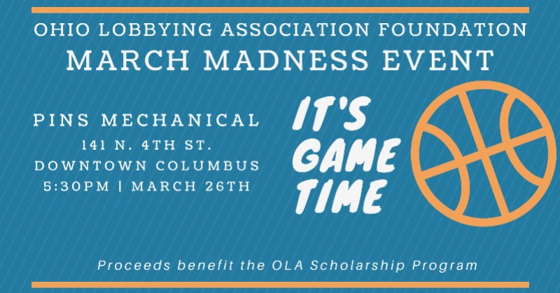 OhioLobby's tweet photo. Join us on 3/26 for the OLA Foundation and scholarship program fundraiser at PINS Mechanical downtown. Join us to cheer on the teams in the Sweet 16 and spend time with friends and colleagues. Learn more: https://t.co/rzSWE39XxY https://t.co/9ehje06Bad