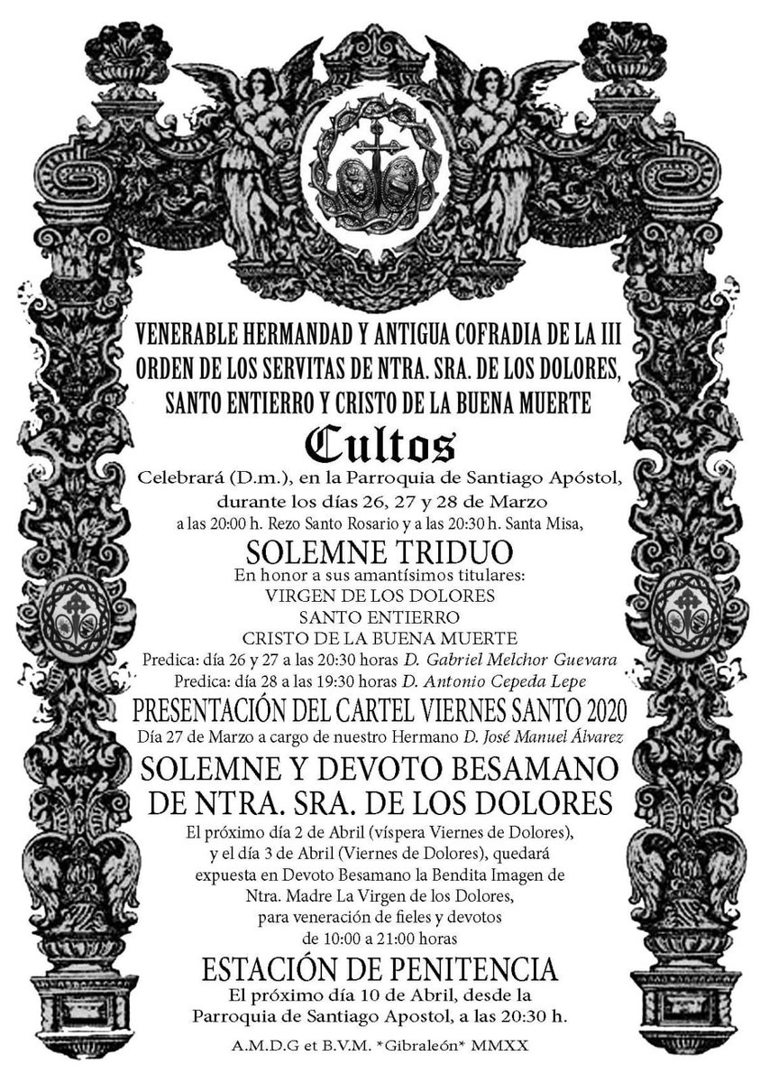 Calendario de Cultos:

"SOLEMNE TRIDUO" en honor a nuestros amantísimos Titulares.

🗓️ 26 y 27 de Marzo de 2020 a las 20:30h.

🗓️ 28 de Marzo de 2020 a las 19:30h.