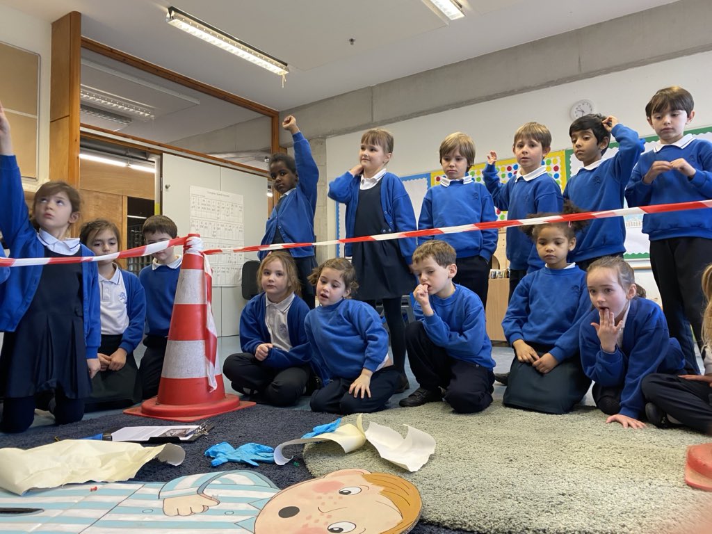 BSNJSV's tweet image. Well... what an unusual start to the day for #JSVY2. A crime scene was found in a classroom. What had happened to this poor flattened boy? Come to Year 2 to find out.