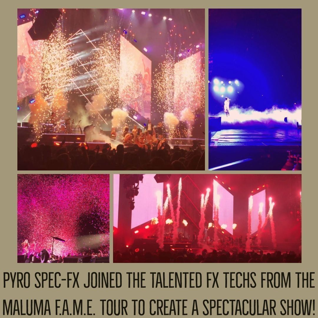 pyrospectacular's tweet photo. Did you know Pyro Spec does stage effects too? Check out what happened when @pyroSpecFX teamed up with the FX techs from the Maluma F.A.M.E. Tour to deliver some stunning #flames #pyro and #cryojets #Pyrospec https://t.co/pjtxCxnHLI