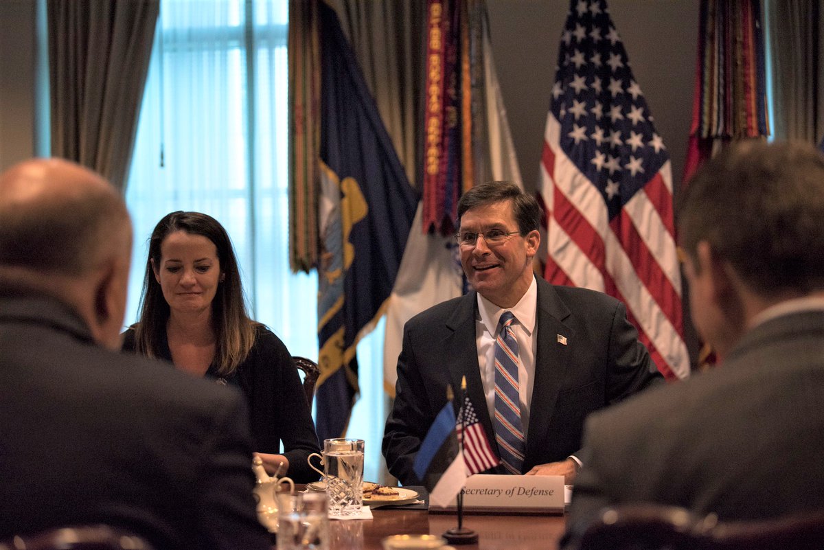 EsperDoD's tweet photo. Proud to host a productive meeting today with @MoD_Estonia Minister Jüri Luik at the Pentagon on security concerns including deterring Russian aggression, Chinese 5G and @NATO readiness. #StrongerTogether https://t.co/9KBFCQZojo